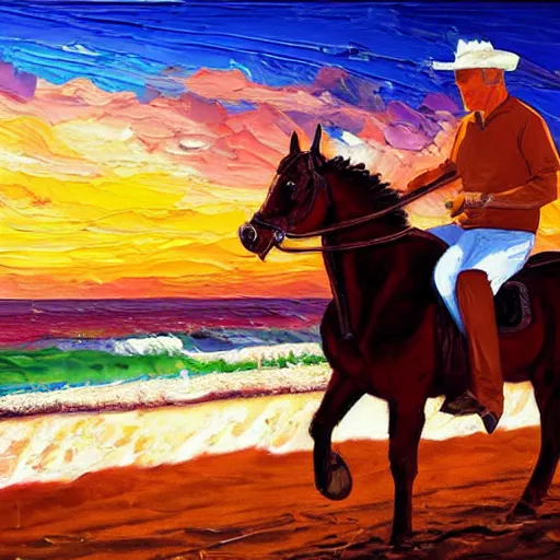 Prompt: Joe Biden riding a horse eating pizza on the beach in Hawaii at sunset, artistic oil painting