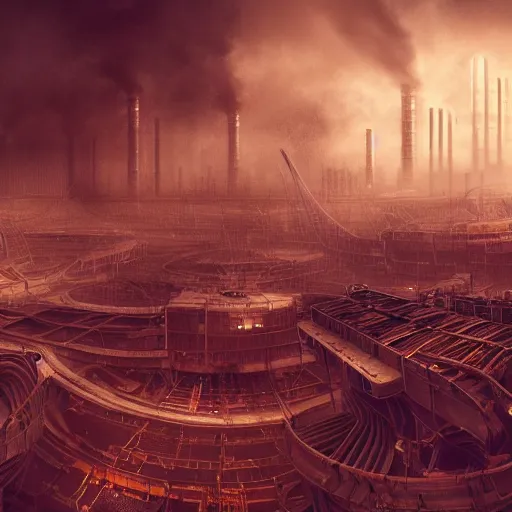 Image similar to futuristic dystopian endless, intricate, complex, labyrinthine, byzantine, tangled, industrial megafactory complex, smokestacks, pipelines and ducts and vents, matte painting, steampunk, smoke, night, gloomy, dark, dramatic, cinematic, volumetric lighting, gods eye view