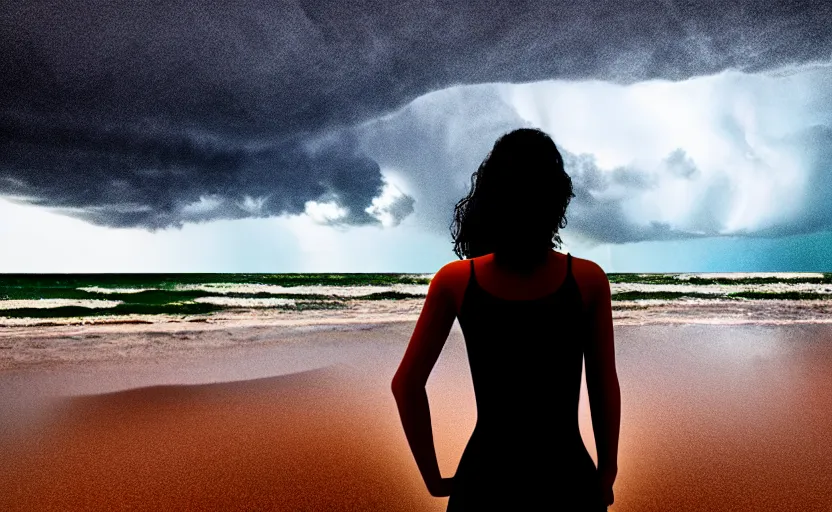 Image similar to a hyperdetailed photorealistic beautiful woman standing on a beach in a severe thunderstorm, rain, global illumination, volumetric lighting, cinematic framing, cinematic lighting, cinematic shadows