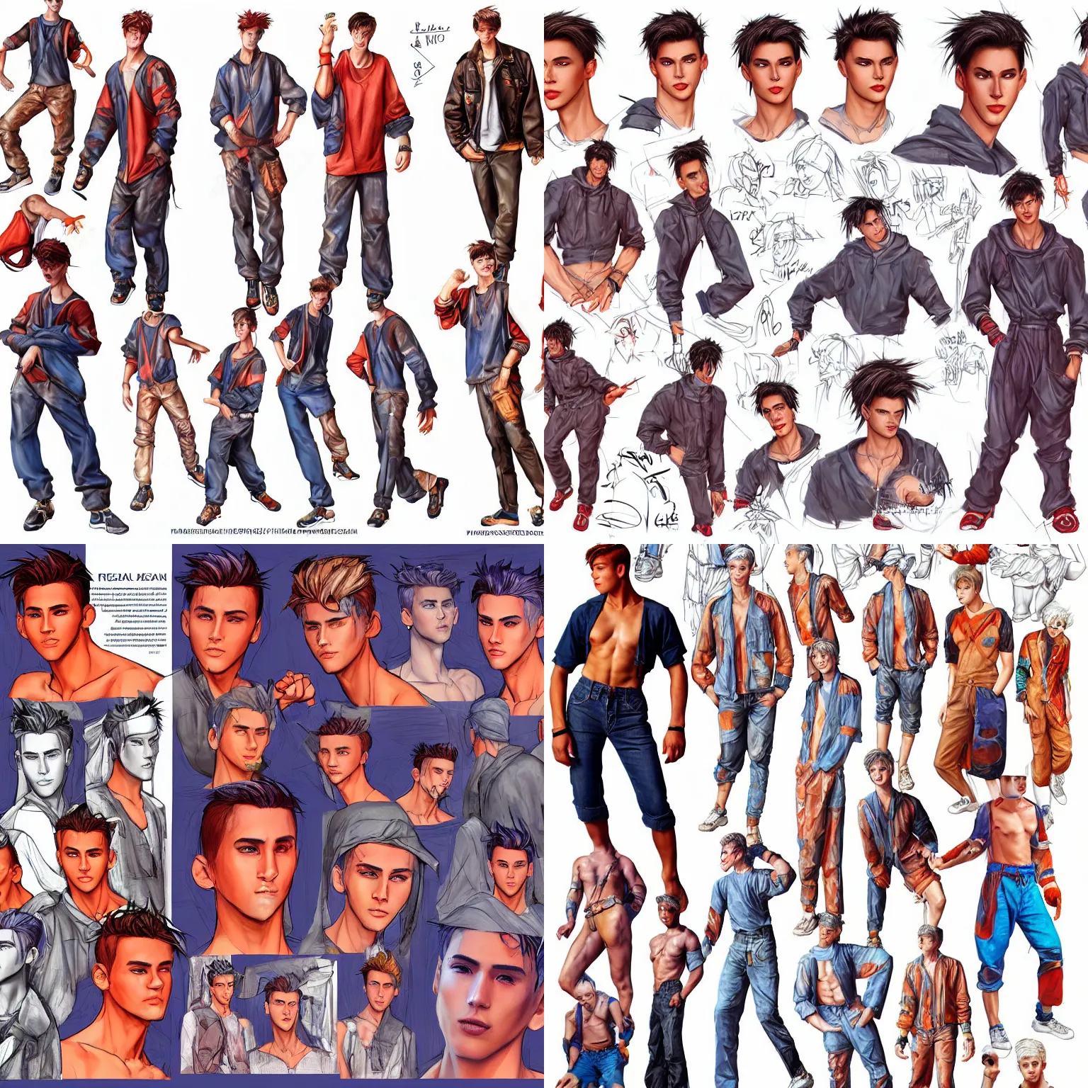 Prompt: traditional cinematic clean concept art of a vivid vibrant male 90s! street fashion character reference sheet in high quality with photographic details and bright values by Michelangelo, clear face, realistic proportions, full body,