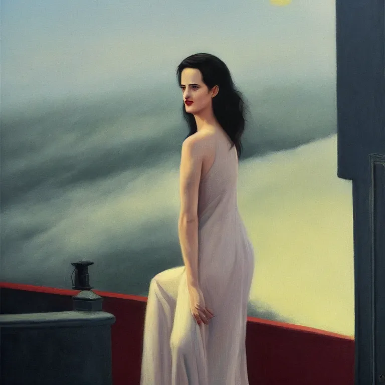 Image similar to portrait of Eva Green on a roof, fog, early morning, , painted by Edward Hopper, painted by Wayne Barlow, airbrush