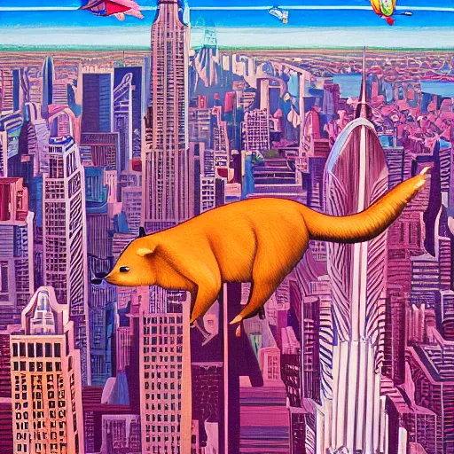 Image similar to a detailed painting of a capybara in a cape flying above new york by casey weldon, new contemporary art, comic book illustration