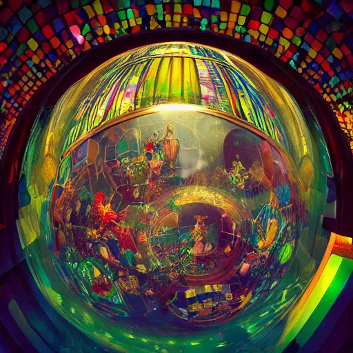 Prompt: inside a sphere with colorful walls made of faceted crystals, interconnected, 360 degree view, dynamic lighting, 4k, HQ, hyper realistic, octane render, colorful, vibrant, venetian glass, amazing details, by james jean, brian froud, ross tran, alphonse mucha