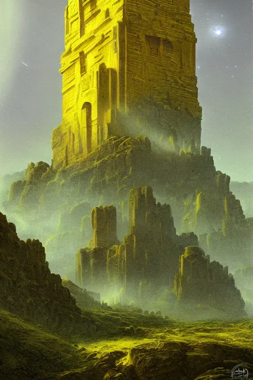 Image similar to yellow glowing ancient temple, green hills, star trails, dramatic lighting, artstation, matte painting, caspar david friedrich, ralph mcquarrie