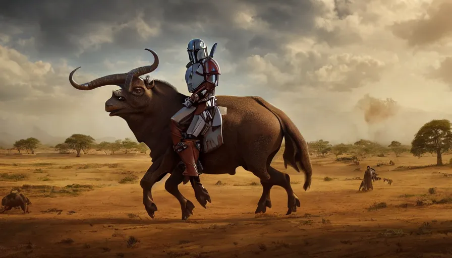 Prompt: mandalorian riding a bull alone, madagascar with baobabs trees in the background, action scene, an epic fantasy, artgerm and greg rutkowski and alphonse mucha, an epic fantasy, volumetric light, detailed, establishing shot, cinematic, photorealistic, hyper detailed, ultra realistic, trending on art station, octane render, midsommar