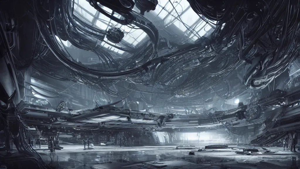 Image similar to a Photorealistic dramatic hyperrealistic,hyper detailed render of an Epic Sci-Fi, Gigantic Alien xenomorph spaceship inside huge interior hangar,intricate bio mechanical surface details in a top secret research facility,many tubes and cables hanging from the ceiling by Greg Rutkowski,Nicolas Bouvier,Sparth,ILM,Beautiful dynamic dramatic dark moody lighting,Volumetric,Cinematic Atmosphere,Octane Render,Artstation,8k