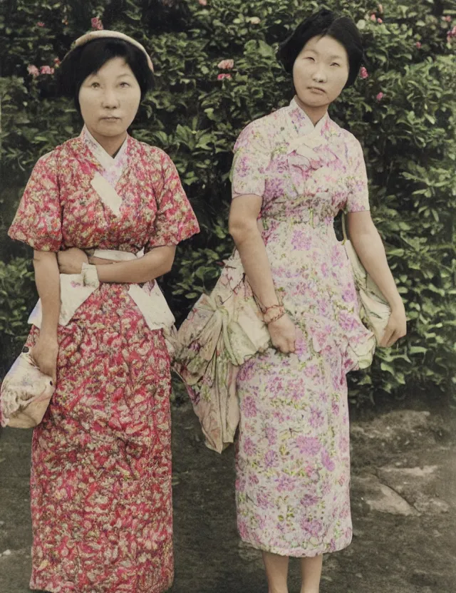 Image similar to color photography of two women in floral dress in taiwan by hisaji hara