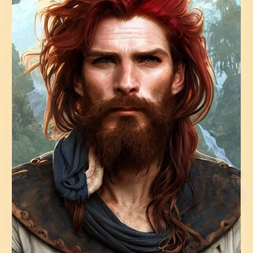 Image similar to portrait of a young ruggedly handsome but joyful pirate, male, masculine, upper body, red hair, long hair, d & d, fantasy, piercing gaze, sharp features, intricate, elegant, highly detailed, digital painting, artstation, concept art, matte, sharp focus, illustration, art by artgerm and greg rutkowski and alphonse mucha