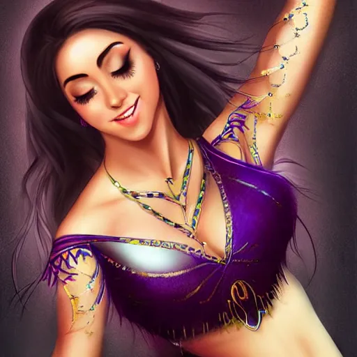 Image similar to very beautiful female belly dancer, smiling, flirty, eye contact, perfect face, perfect body, drawn by artgerm
