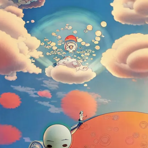 Prompt: a man walking on clouds above kyoto by takashi murakami, beeple and james jean, aya takano color style, 4 k, super detailed, modern, 4 k