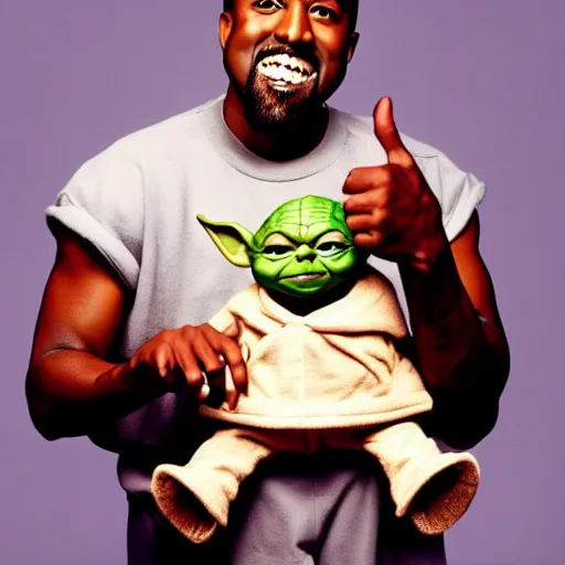 Image similar to kanye west smiling and holding yoda yoda for a 1 9 9 0 s sitcom tv show, studio photograph, portrait