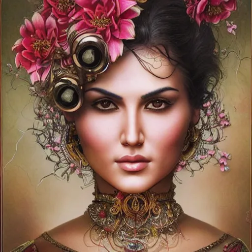 Image similar to sunny leone as humanoid robot, skin flower pattern, highly detailed, expressive eyes, beautiful symmetric body, perfect proportions, highly intricate, art by tom bagshaw and alex gray