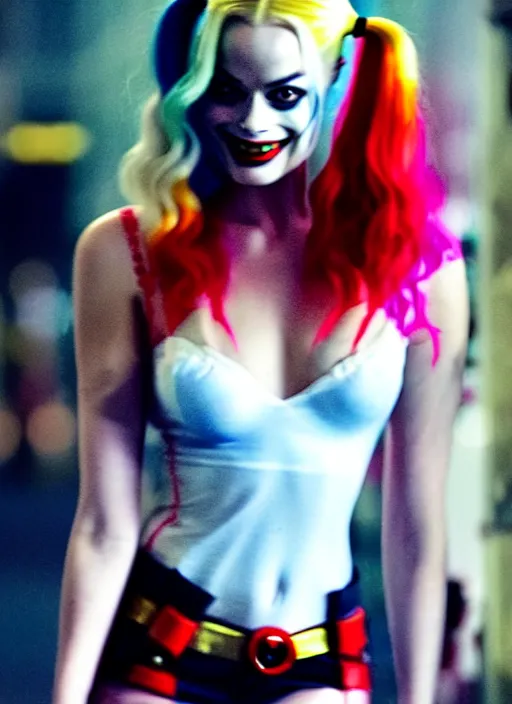 Prompt: 2 8 mm photo of seductive beautiful suicide squad happy margot robbie with long white hair that looks like harley quinn standing on the wet street of gotham city, seductive camisole, pinup model, glamour fashion pose, cinematic, volumetric lighting octane, arney freytag,