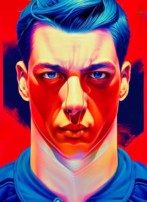 Image similar to red and blue color theme, beautiful hyperrealisitic portrait of burning police officer, tristan eaton, victo ngai, artgerm, rhads, ross draws