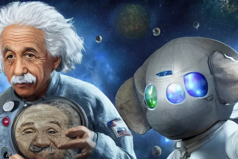 Image similar to still fullbody photo of sad albert einstein in spacesuit in space, flat earth on elephants and turtle at background, highly detailed, photorealistic shot, bright studio setting, studio lighting, crisp quality and light reflections, unreal engine 5 quality render