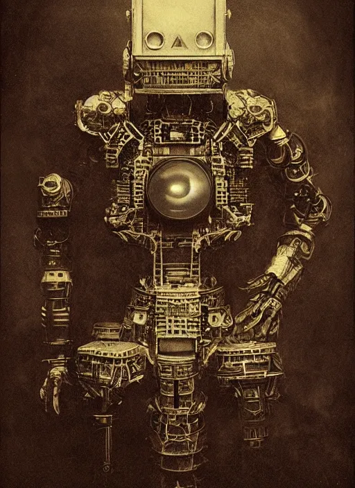 Image similar to old wetplate daguerreotype portrait of futuristic robot, explosion of data fragments, fractal, intricate, elegant, highly detailed, parallax, leica, medium format, subsurface scattering, by jheronimus bosch and greg rutkowski and louis jacques mande daguerre