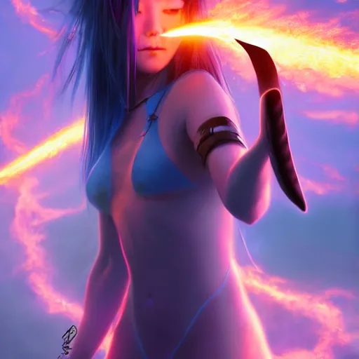 Image similar to rimuru tempest from tensura holding purple fire in her palm, with amber eyes of golden colored eyes, straight hair, sky blue hair, long bangs, award winning photography, cinematic, digital painting, cinematic, wlop, 8 k, by ross tran, tom bagshaw