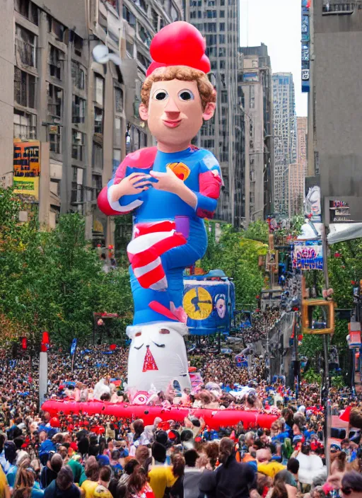 Prompt: inflatable parade float of mark zuckerberg, macy ’ s parade, canon 5 d, 5 0 mm lens, fuji 8 0 0 film