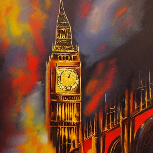 Image similar to detailed, soft, dynamic painting of the Big Ben on fire, professional painting, at dusk