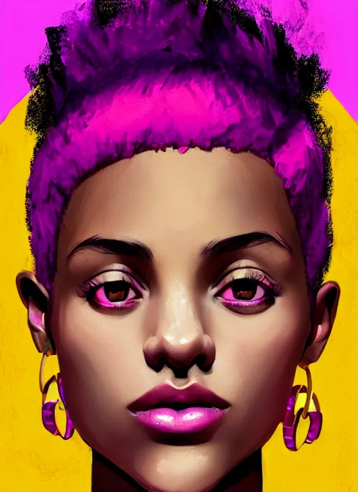 Image similar to portrait of teenage vanessa morgan with bright pink hair, black girl, curly pixie cut hair, wearing a purple breton cap, breton cap, hoop earrings, intricate, elegant, glowing lights, highly detailed, digital painting, artstation, concept art, smooth, sharp focus, illustration, art by wlop, mars ravelo and greg rutkowski