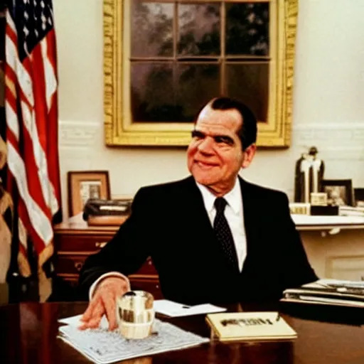 Image similar to Richard Nixon drinking whiskey in the oval office