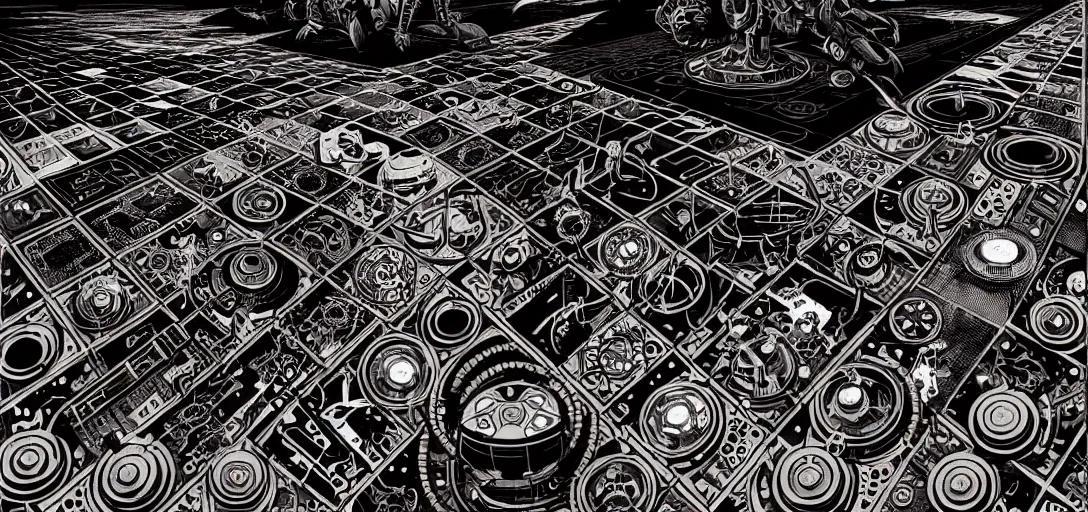 Prompt: cyberpunk steampunk tech tiled floor, one point perspective, high details, bold line art, by vincent di fate and joe fenton, inking, screen print, masterpiece, trending on artstation, sharp, hyper - detailed,, hd, 4 k, 8 k