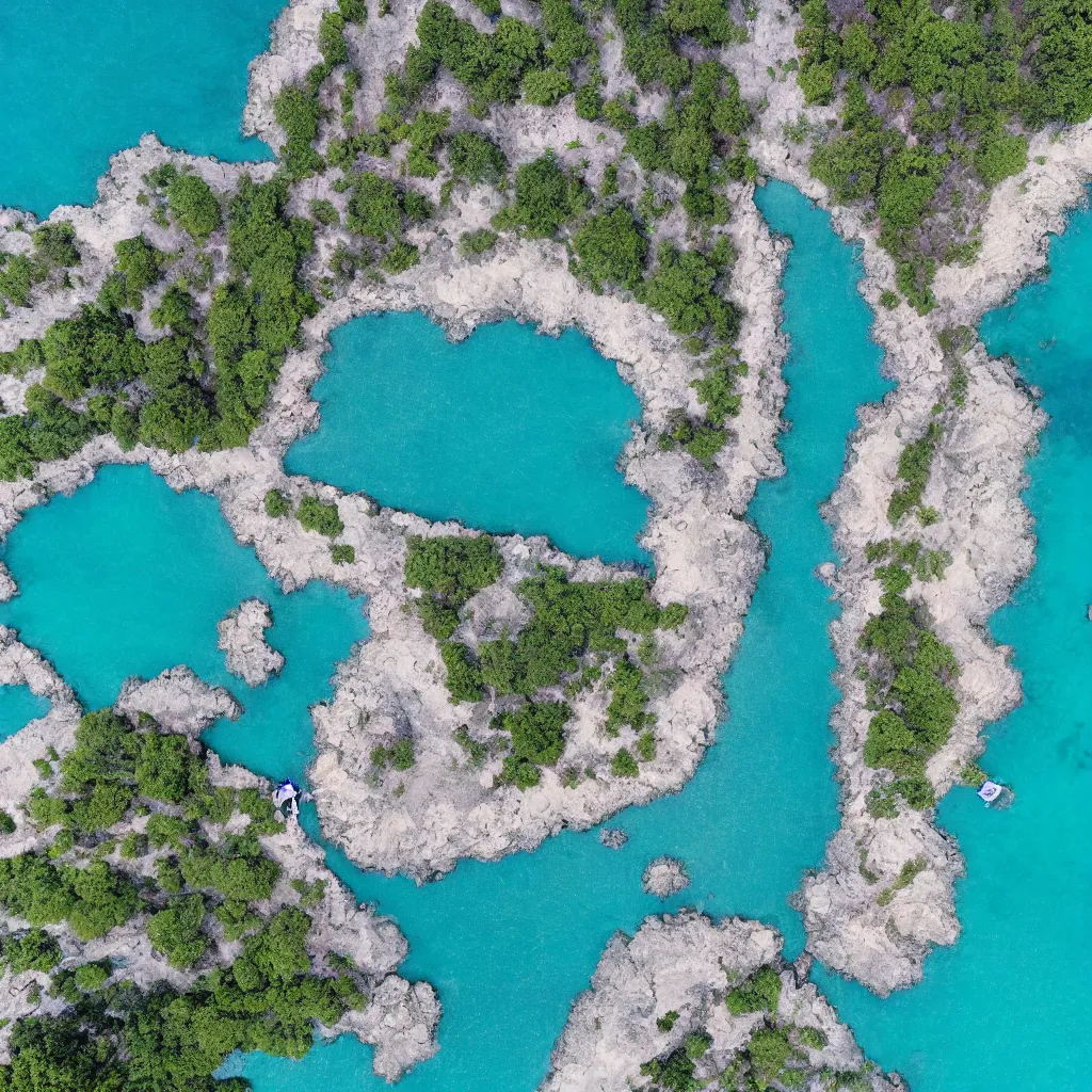 Prompt: single lane bridges winding over wide ocean of bright blue water, birds eye view