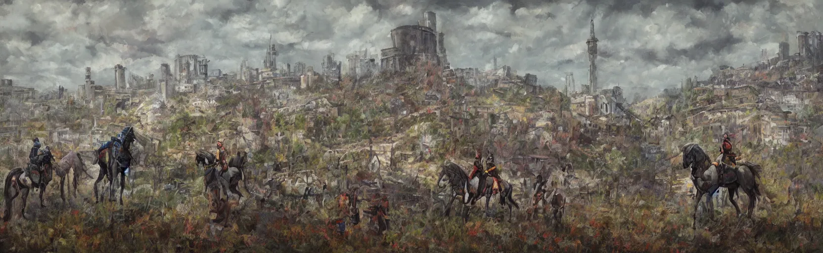 Image similar to horseback knights at scenic overlook; cloudy, grey skies, walled fort city deteriorating office buildings in background on hill; forest; la Bastille, post apocalyptic, grungy; oil on canvas, colorful, artstation