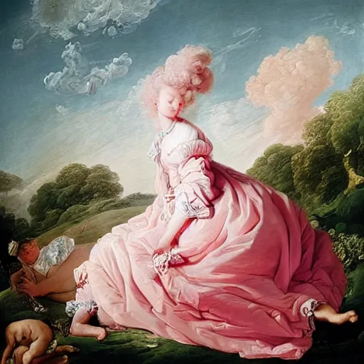 Prompt: heaven on pink clouds adopts the language of Rococo, reimagining the dynamism of works by eighteenth-century artists such as Giovanni Battista Tiepolo, François Boucher, Nicolas Lancret and Jean-Antoine Watteau through a filter of contemporary cultural references including film, food and consumerism