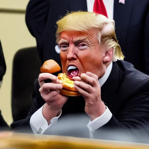 Prompt: Donald Trump eating a McDonald's burger with his small hands. 4k paparazzi photo