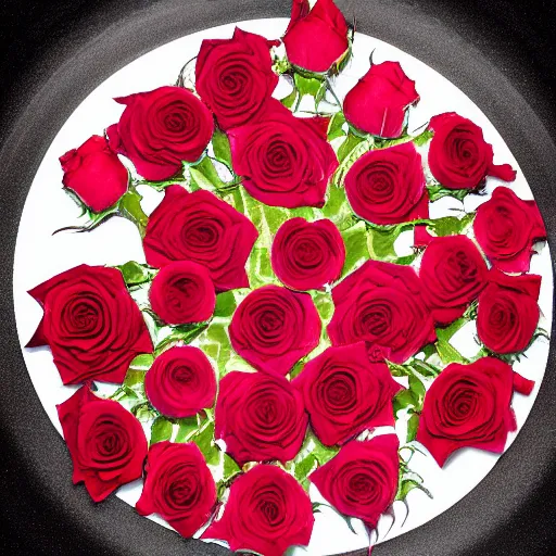 Prompt: red roses, laying on a vinyl record, dark photography