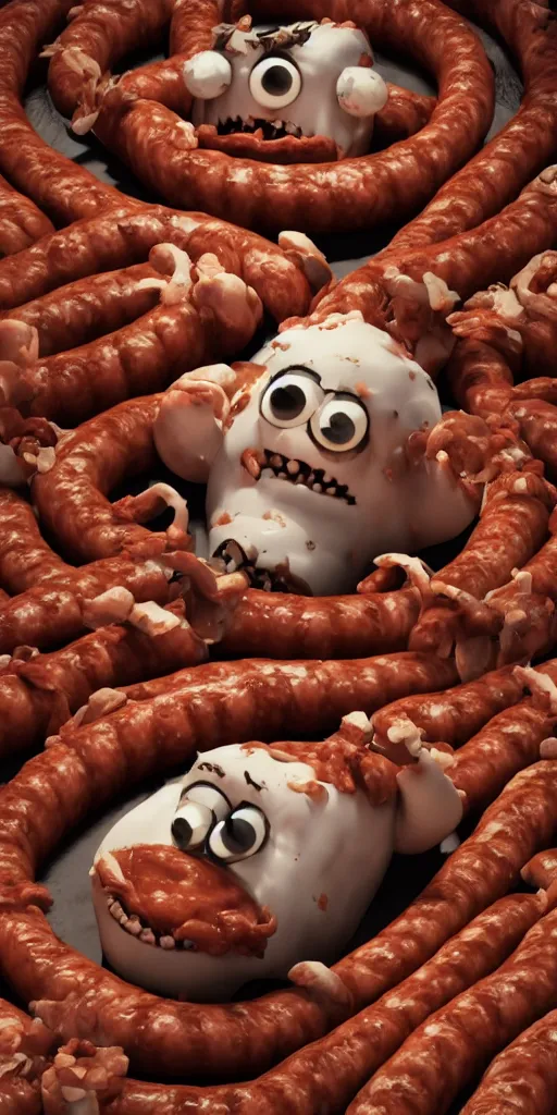 Prompt: a monster made of sausages posing for you against a solid white backdrop, [ scary, intimidating, threatening, horror, epic, cinematic, dramatic, 4 k, octane render, art by ed emshwiller ]