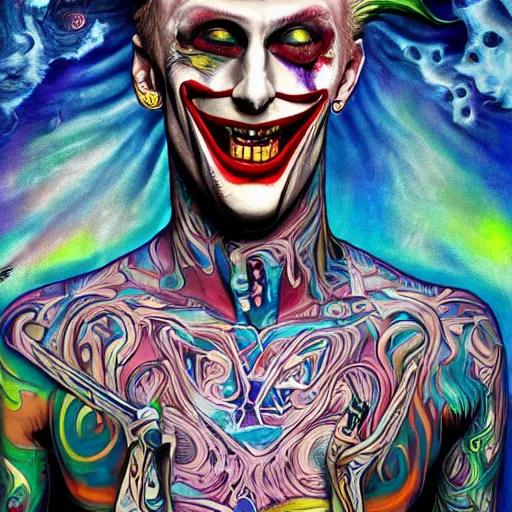 Prompt: an extremely psychedelic portrait of mgk as the joker, surreal, lsd, face, detailed, intricate, elegant, lithe, highly detailed, digital oth, sharp focus, illustration,