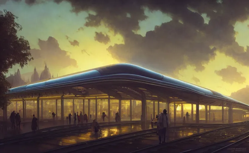 Image similar to exterior shot of utopian train station with cinematic lighting by zaha hadid and renzo piano, darek zabrocki and greg ruthkowski, alphonse mucha, simon stalenhag, cinematic, holy place, paradise, scifi, futurism, atmospheric, sunset, concept art, artstation, trending on artstation