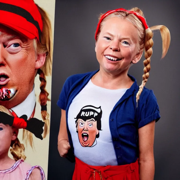 Prompt: portrait of donald trump as pippi longstocking with a hilary clinton shirt, from the movie pippi longstocking