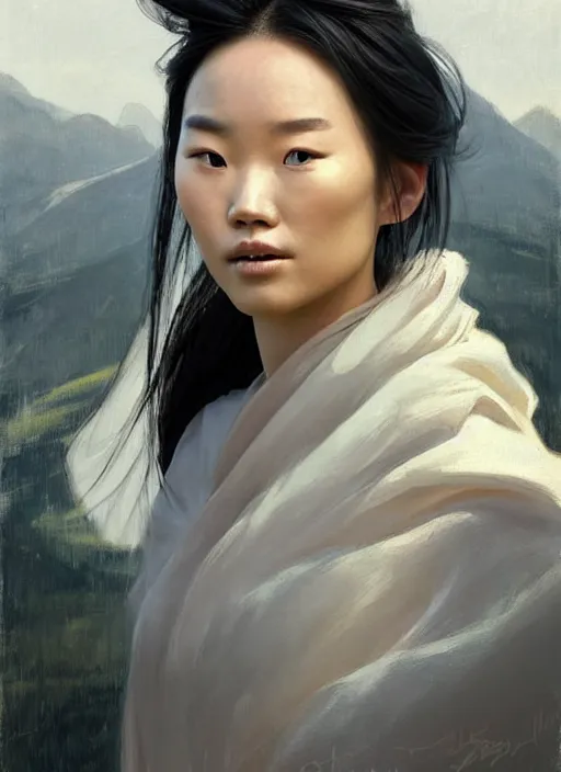 Image similar to portrait of Mulan in white cloth, countryside, fantasy character portrait, dynamic pose, above view, view from above, sunny day, thunder clouds in the sky, artwork by Jeremy Lipkin and Giuseppe Dangelico Pino and Michael Garmash and Rob Rey, very coherent symmetrical artwork, perfect face, simple form, 100mm