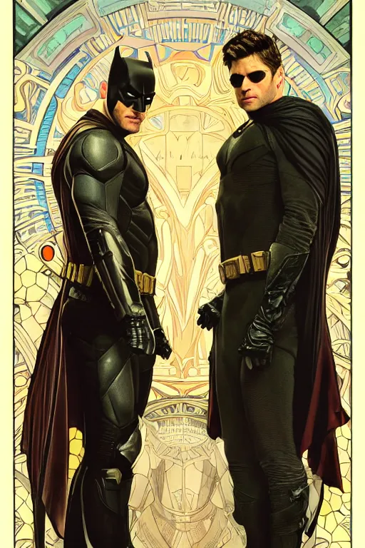 Prompt: a detailed matte portrait of jensen ackles and misha collins dressed as batman and robin, masterpiece, 8 k, art by alphonse mucha and greg rutkowski