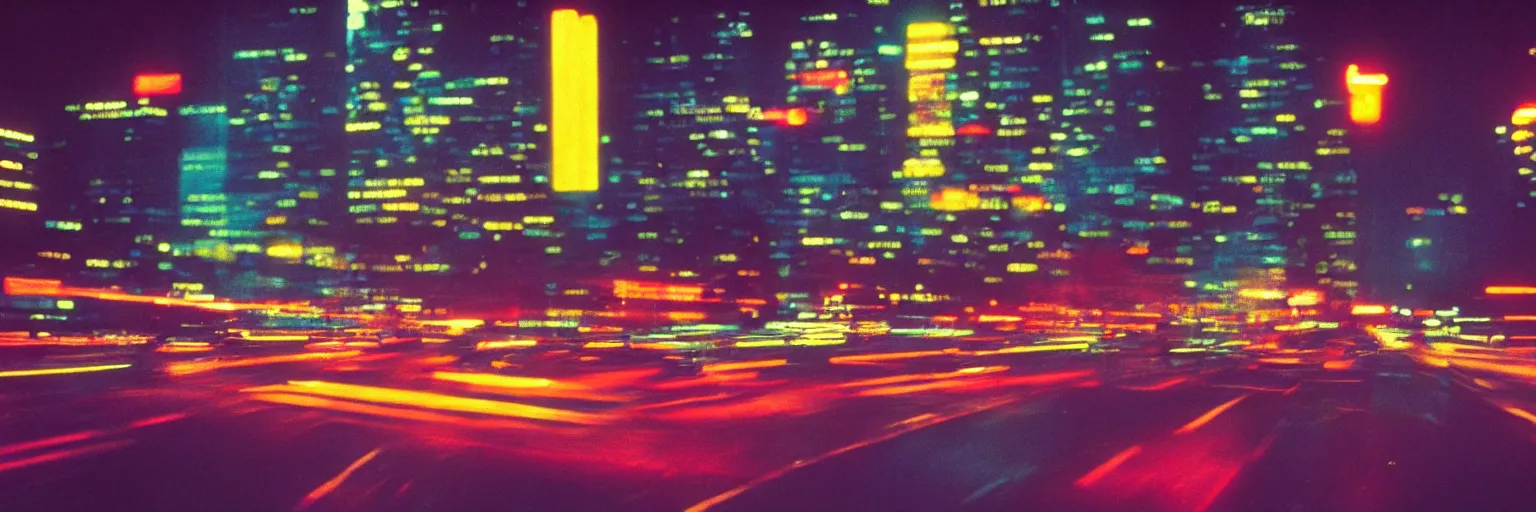 Image similar to 8 0 s neon movie still, portrait of high speed blurred traffic by the river with city in background, medium format color photography, movie directed by kar wai wong, hyperrealistic, photorealistic, high definition, highly detailed, tehnicolor, anamorphic lens