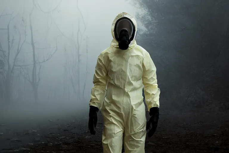 Image similar to an ultra realistic cinematic portrait of a skinny evil male scientist, stood in a hazmat suit, fog, detailed, backlight, deep focus, movie still, moody lighting, by werner herzog