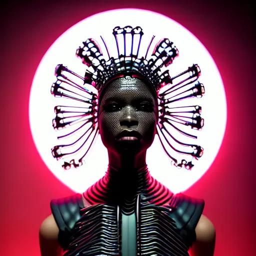 Prompt: portrait of an absurdly beautiful, graceful, sophisticated, fashionable black cyberpunk mechanoid gravure idol, hyperdetailed illustration by irakli nadar, maria borges, matt wisniewski style, intricate linework, dark black skin, neon jellyfish headdress, ivory carved ruff, unreal engine 5 highly rendered, global illumination, red light, detailed and intricate environment