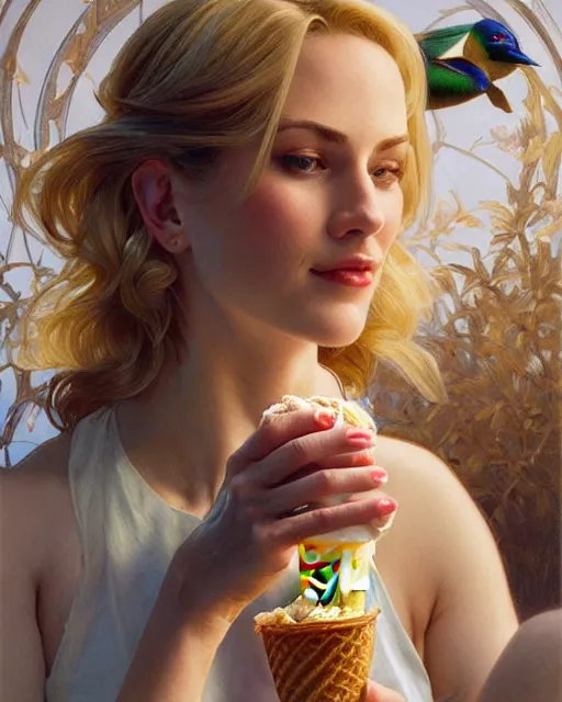 Image similar to Portrait of a  blonde woman and a mallard eating ice creams inp Porto,real life skin, intricate, elegant, highly detailed, artstation, concept art, smooth, sharp focus, art by artgerm and greg rutkowski and alphonse mucha