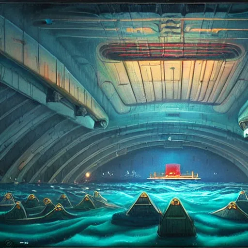 Image similar to beautiful painting of a giant mechanical theatre under the ocean in the style of Simon Stålenhag and H. R. Giger