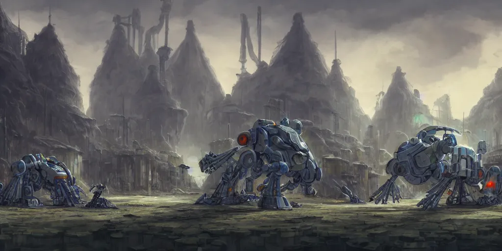 Image similar to mecha creatures in a merchant town, tents, matte oil painting, retrofuturistic, concept art, quarrying, science fantasy, mutant, lgbt, queer, rpg, epic, rusted, white salt, badlands, jungles, dungeons & dragons, sacred, sharp focus, award - winning, extremely detailed, 4 k, 8 k