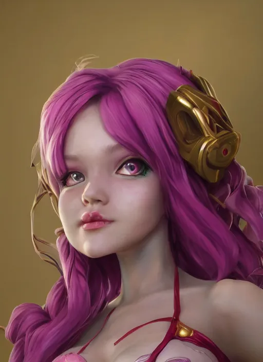 Image similar to joyful seraphine, from league of legends, pink hair, studio microphone, new musical instruments, au naturel, hyper detailed, digital art, trending in artstation, cinematic lighting, studio quality, smooth render, unreal engine 5 rendered, octane rendered, art style by klimt and nixeu and ian sprigger and wlop and krenz cushart