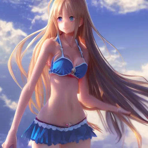 Image similar to a very beautiful mature yuuki asuna, full body, long wavy blond hair, sky blue eyes, full round face, bikini, miniskirt, front view, cute pose, highly detailed, cinematic wallpaper by stanley artgerm lau