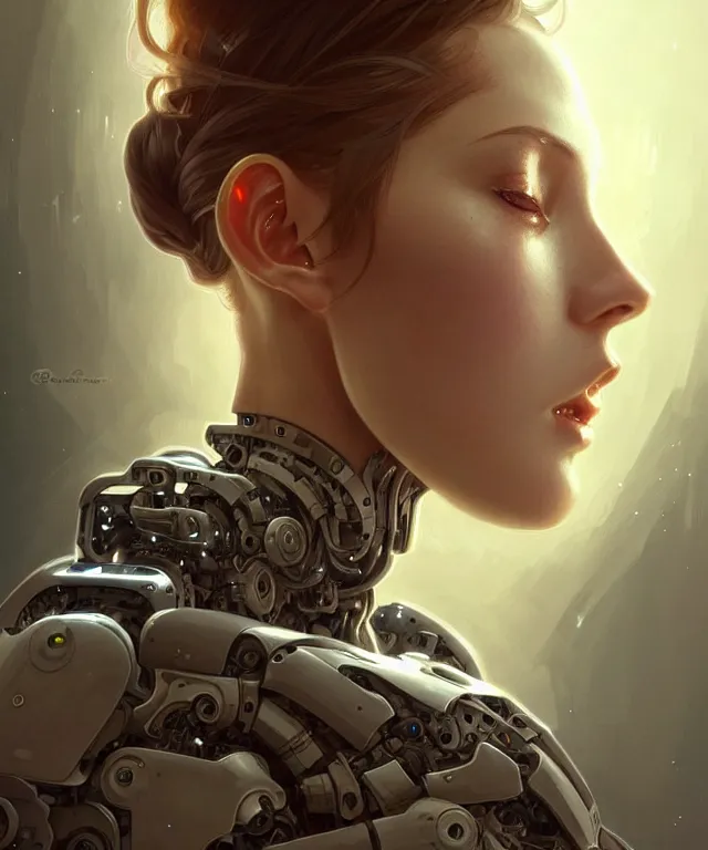 Image similar to beautiful crying! female mechanical android!, half portrait, intricate detailed environment, photorealistic!, intricate, elegant, highly detailed, digital painting, artstation, concept art, smooth, sharp focus, illustration, art by artgerm and greg rutkowski and alphonse mucha