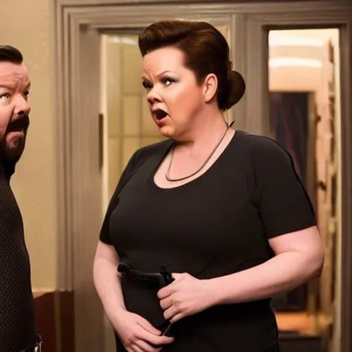 Image similar to cinematic still from a sci - fi absurdist comedy with ricky gervais as melissa mccarthy, dramatic