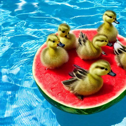 Image similar to ducklings in a watermelon pool