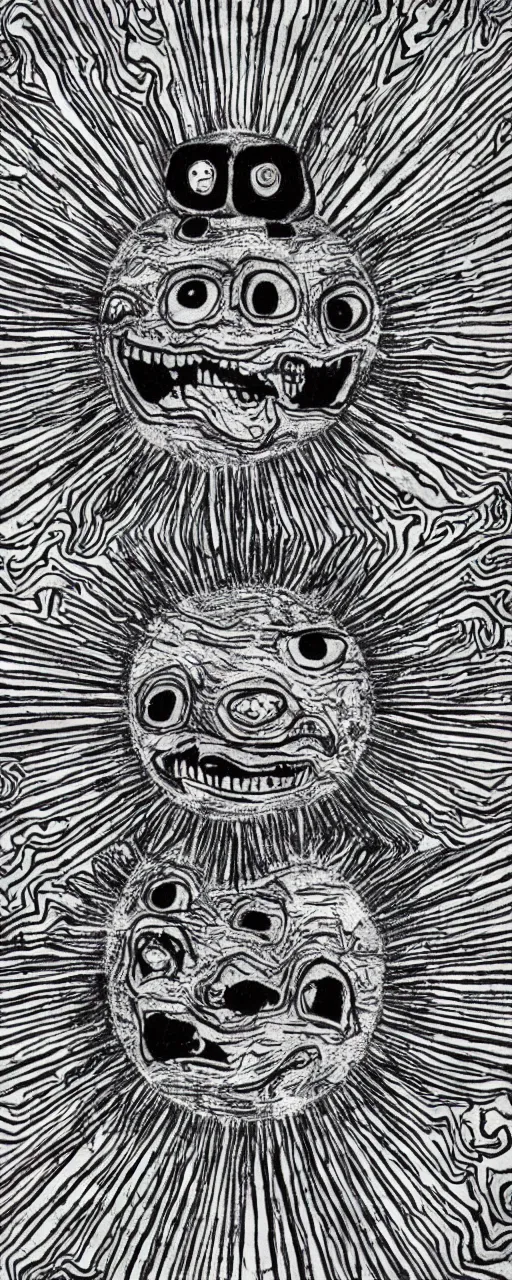 Prompt: creepy sun with a bad teeth greetings humans, trippy, bad trip, acid colors, glitches, trauma, primitivism, child drawing