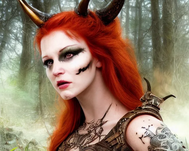 Image similar to 5 5 mm portrait photo of an armored gorgeous anesthetic redhead woman warrior with a face tattoo and horns growing from her head, in a magical forest in the style of stefan kostic, art by luis royo. highly detailed 8 k. intricate. lifelike. soft light. nikon d 8 5 0. cinematic post - processing